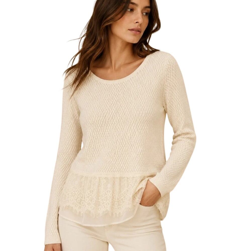 Lucky Brand Lace-Hem Sweater Womens Medium Cream Scoop Neck Feminine Boho